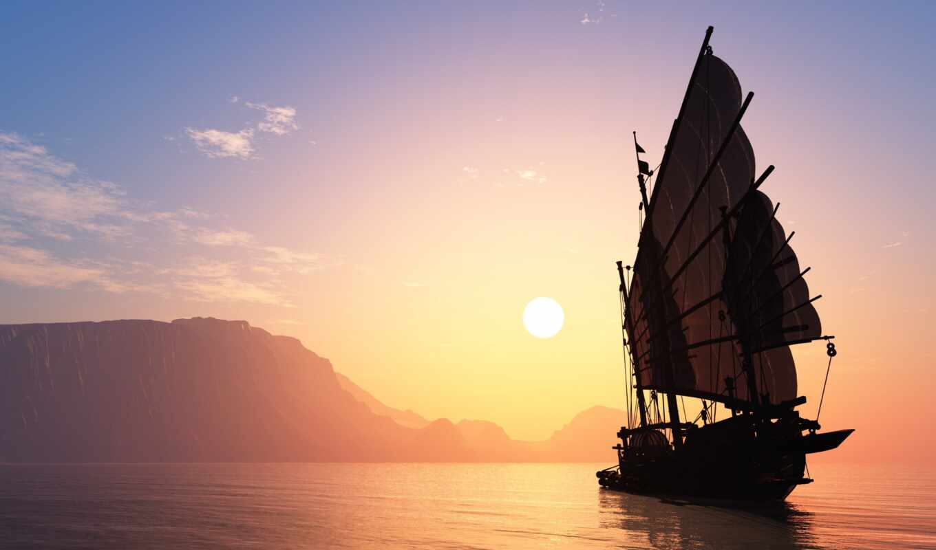 sun, sunset, ship, sea, sunrise, a boat, illustration, sail, rare