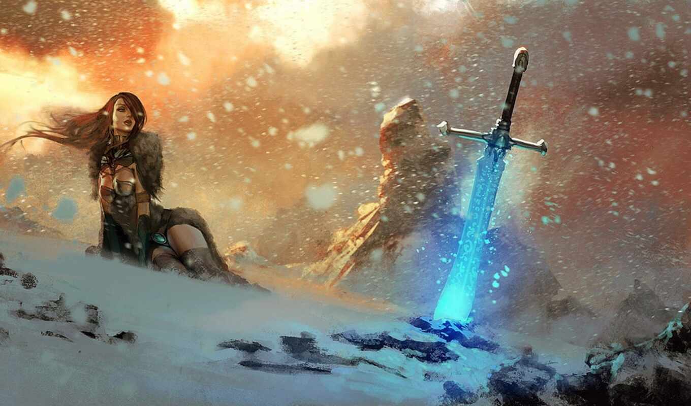 art, game, снег, гора, воин, меч, fantasy