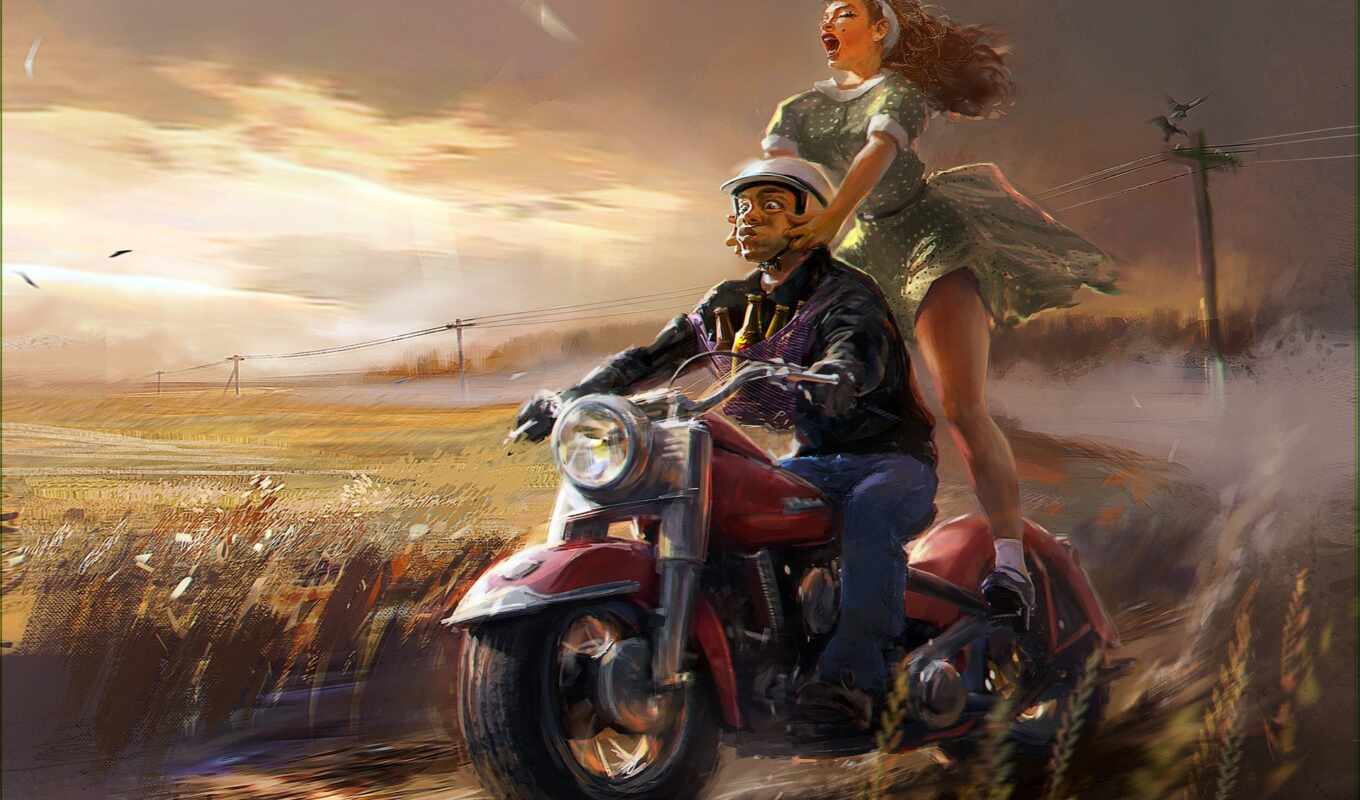 art, девушка, мотоцикл, зелёный, песочница, поле, скучать, красивый, арт, вадим, detailed