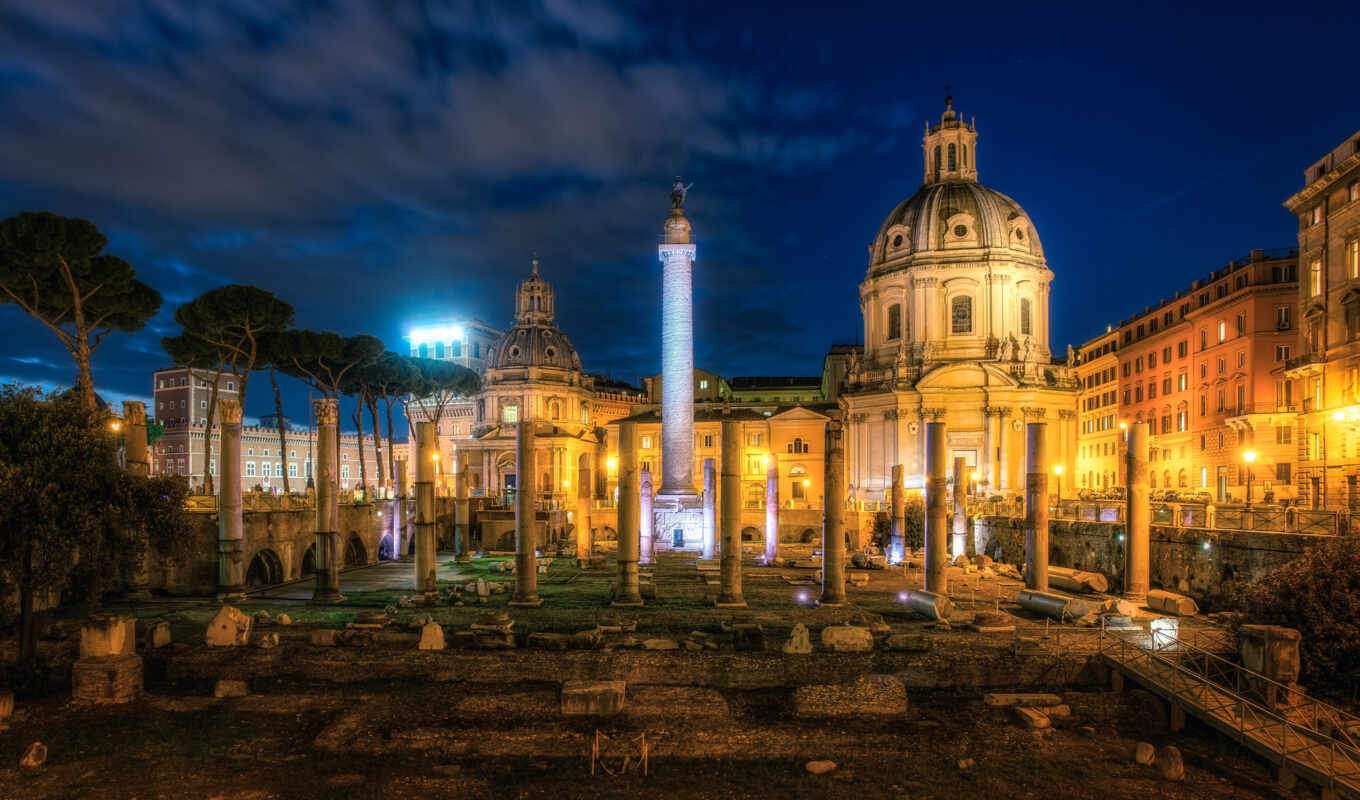 picture, night, ruins, cities, buildings, italian, famous, italy, rome, forum, trajan