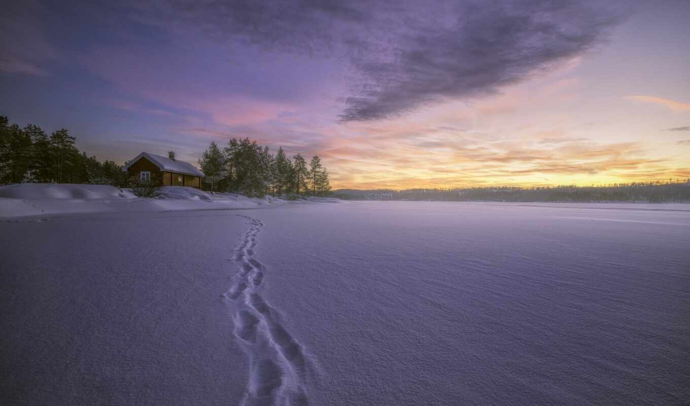 озеро, black, house, металл, снег, winter, landscape, след, норвегия, natural