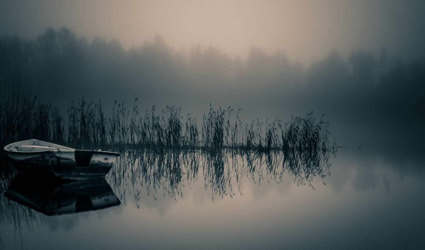 lake, fog, a boat