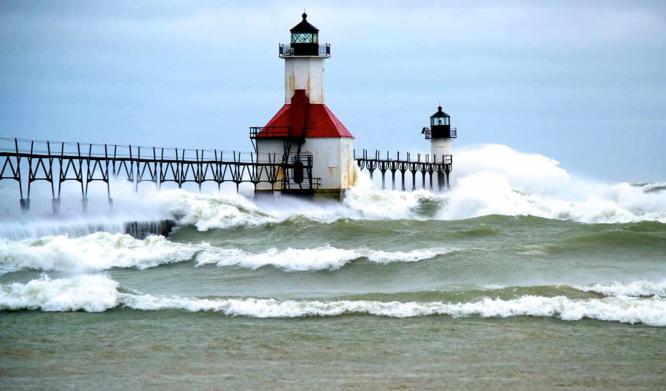 озеро, буря, закат, lighthouse, pier, оранжевый, michigan, waves, шторма, надвигающегося