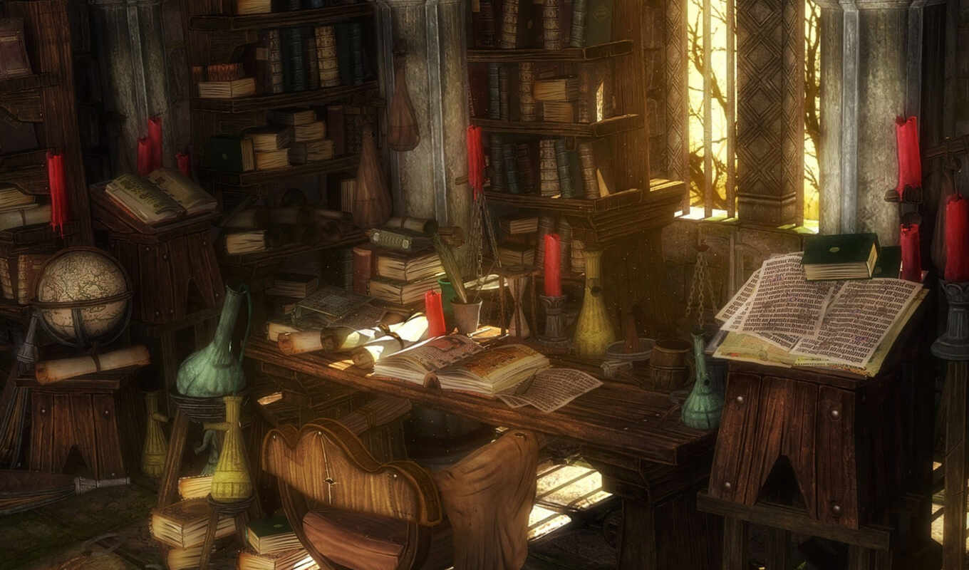 разных, засыпанный, красными, везде, книг, кабинет, кучей, алхимика, заваленный, колбочек