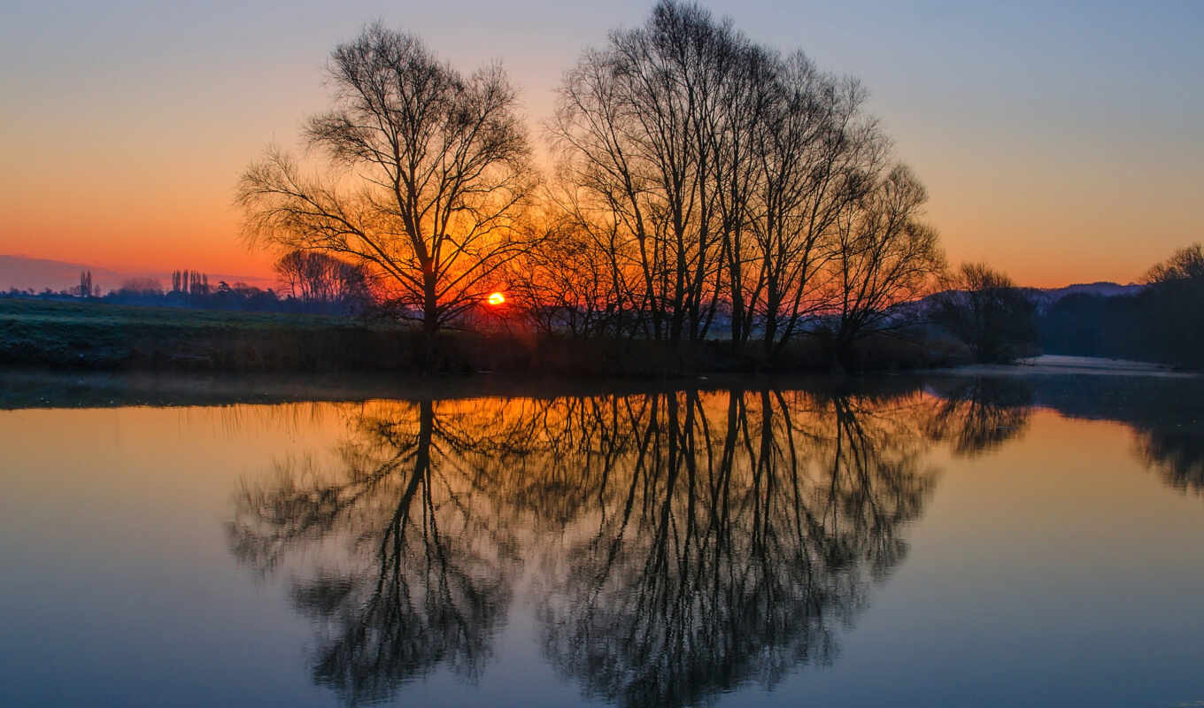 sunset, water, Great Britain, uk, river, trees, reflection, lawn, water, trees, sweet