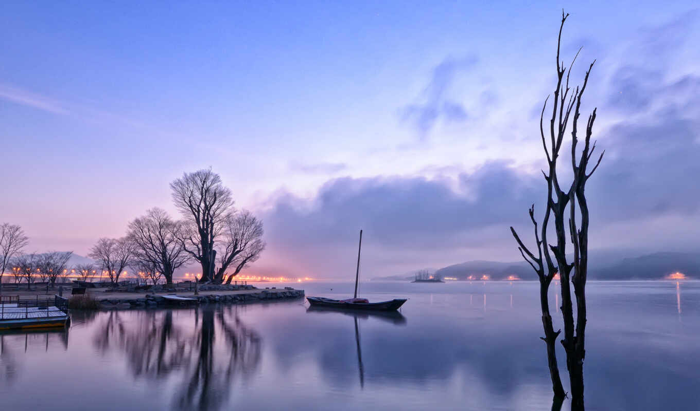 озеро, природа, рассвет, утро, trees, туман, отражение, лодка