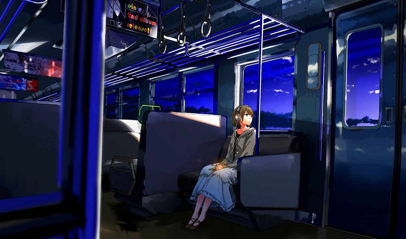headphones, girl, a train, anim, art, kurono