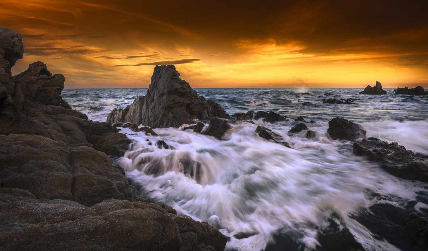 sunset, rock, sea, besplatnooboi