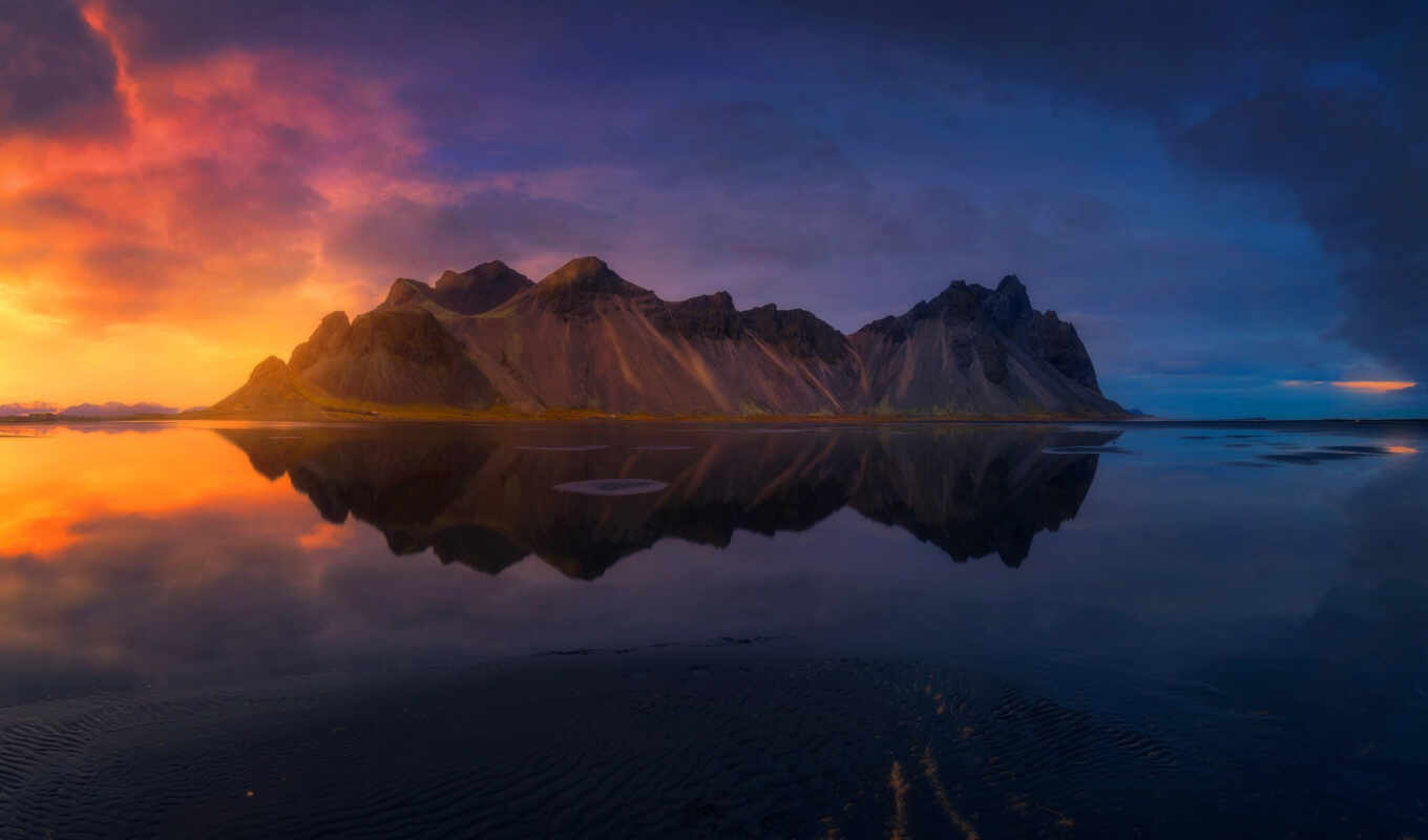 sunset, water, mountain, reflection, iceland, vestras, x
