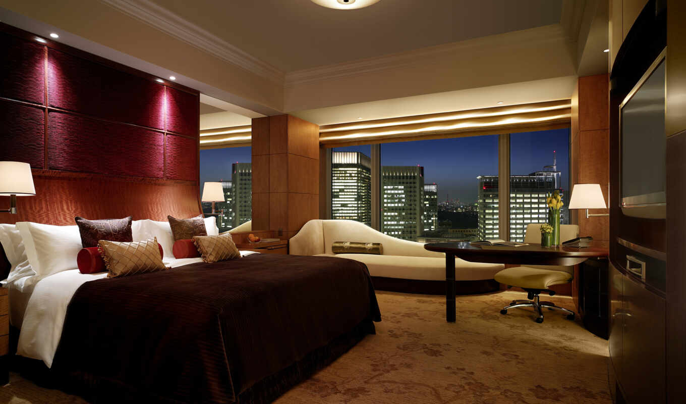 комната, стиль, окно, город, hotel, кровать, интерьер, дизайн, спальня, квартира, уют, tokyo, здание