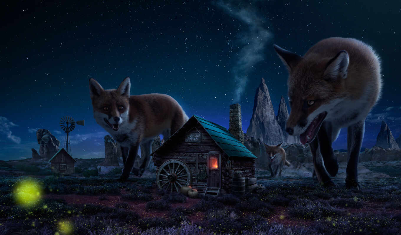 house, drawing, night, forest, foxes, fantasy, demons