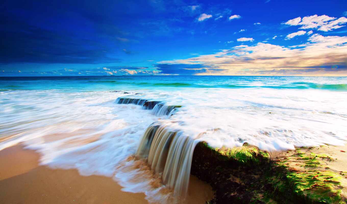 небо, water, пляж, море, песок, водопад, поток, oblaka, камни