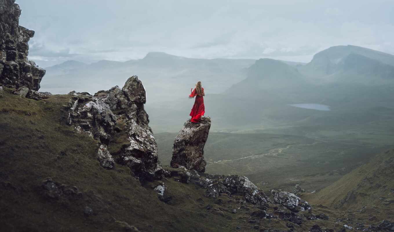 девушка, red, гора, rock, landscape, платье