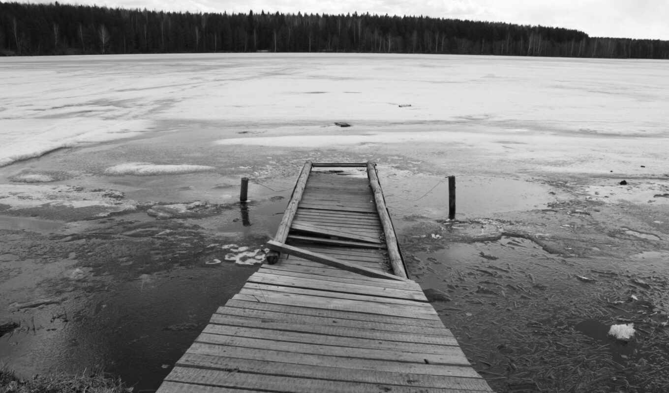 озеро, black, white, лед, лес, мост