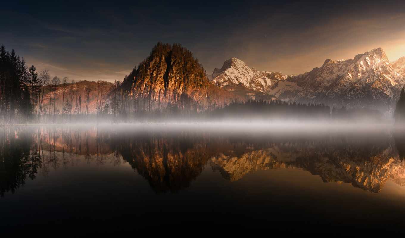 озеро, гора, landscape, утро, туман, отражение, besplatnooboi