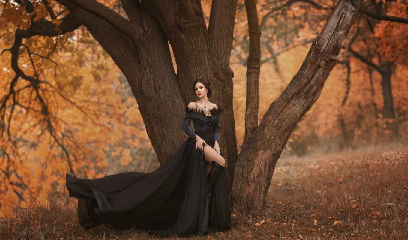 девушка, дерево, платье, осень, чёрн