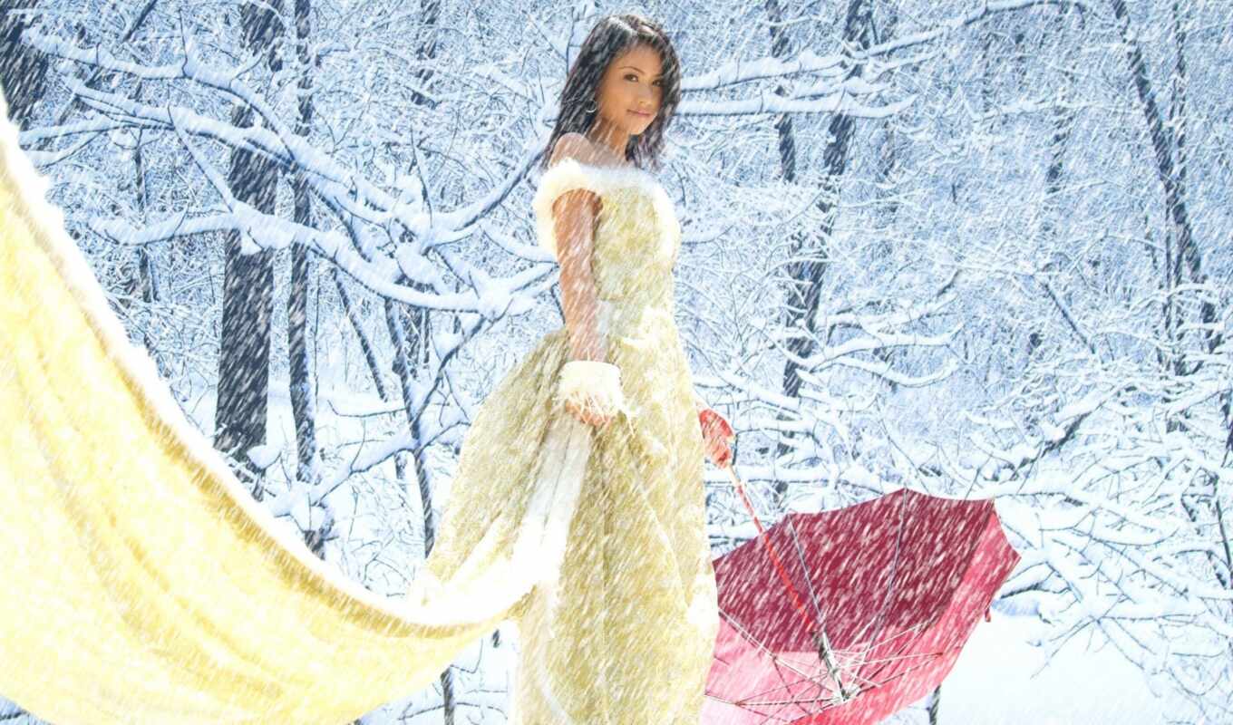 девушка, снег, платье, элем