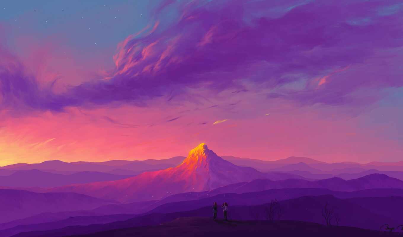 mountain, sky, paint