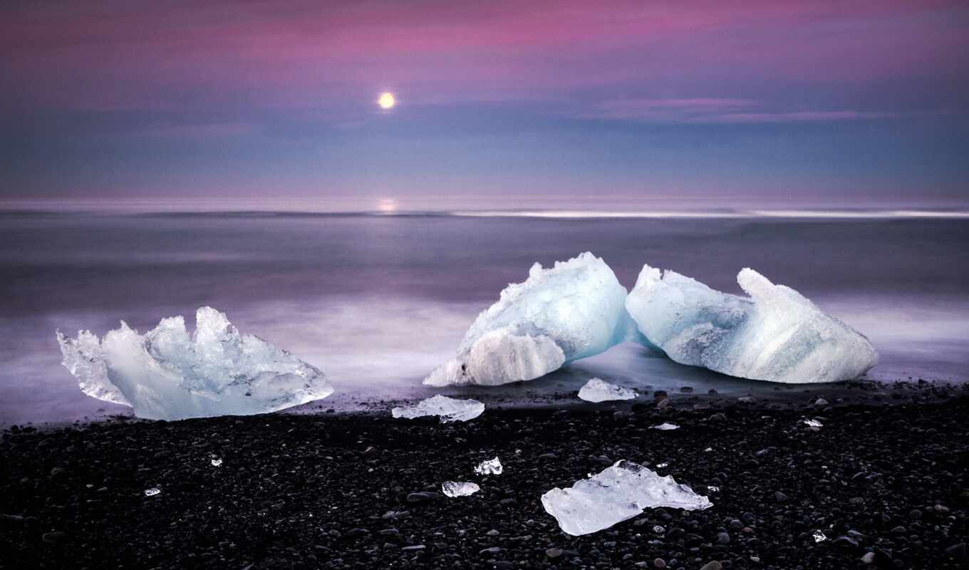 лед, закат, море, льдины, камни, глыбы