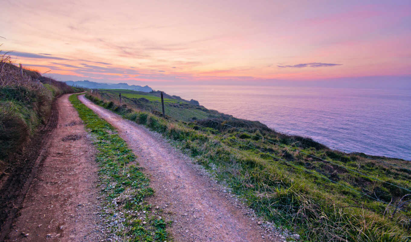 landscapes-, grass, road, evening, sea, coast, Spain, path