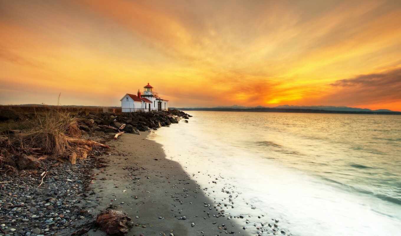 sunset, sea, lighthouse, coast