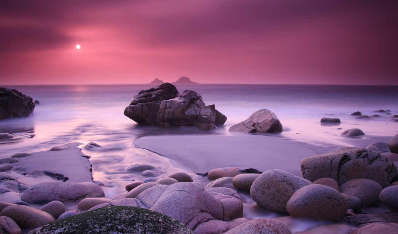 природа, камень, purple, закат, пляж, rock, море