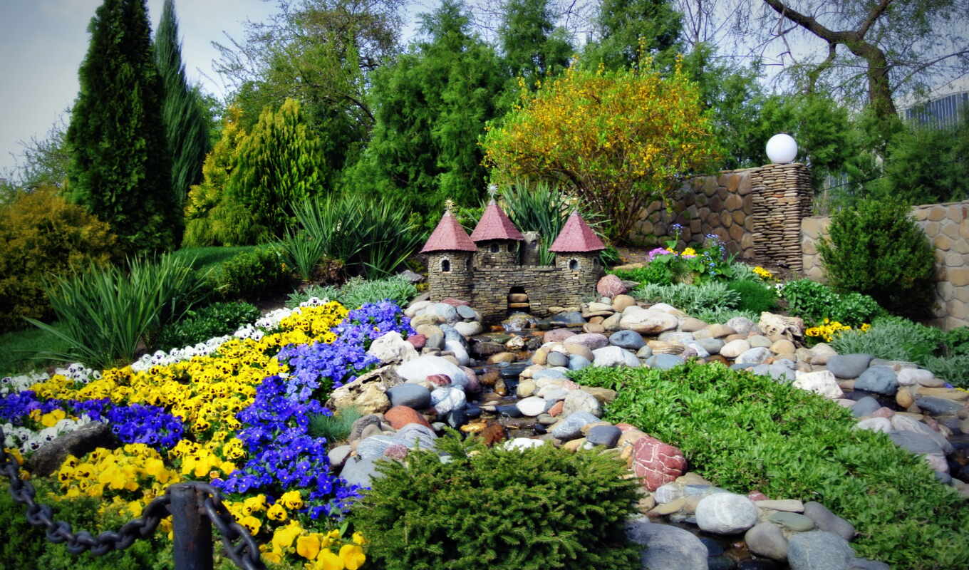 nature, flowers, castle, interior, spring, park, fountain