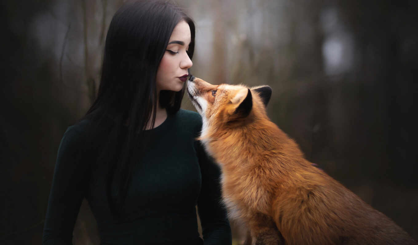 girl, red, brunette, fox, side, a kiss