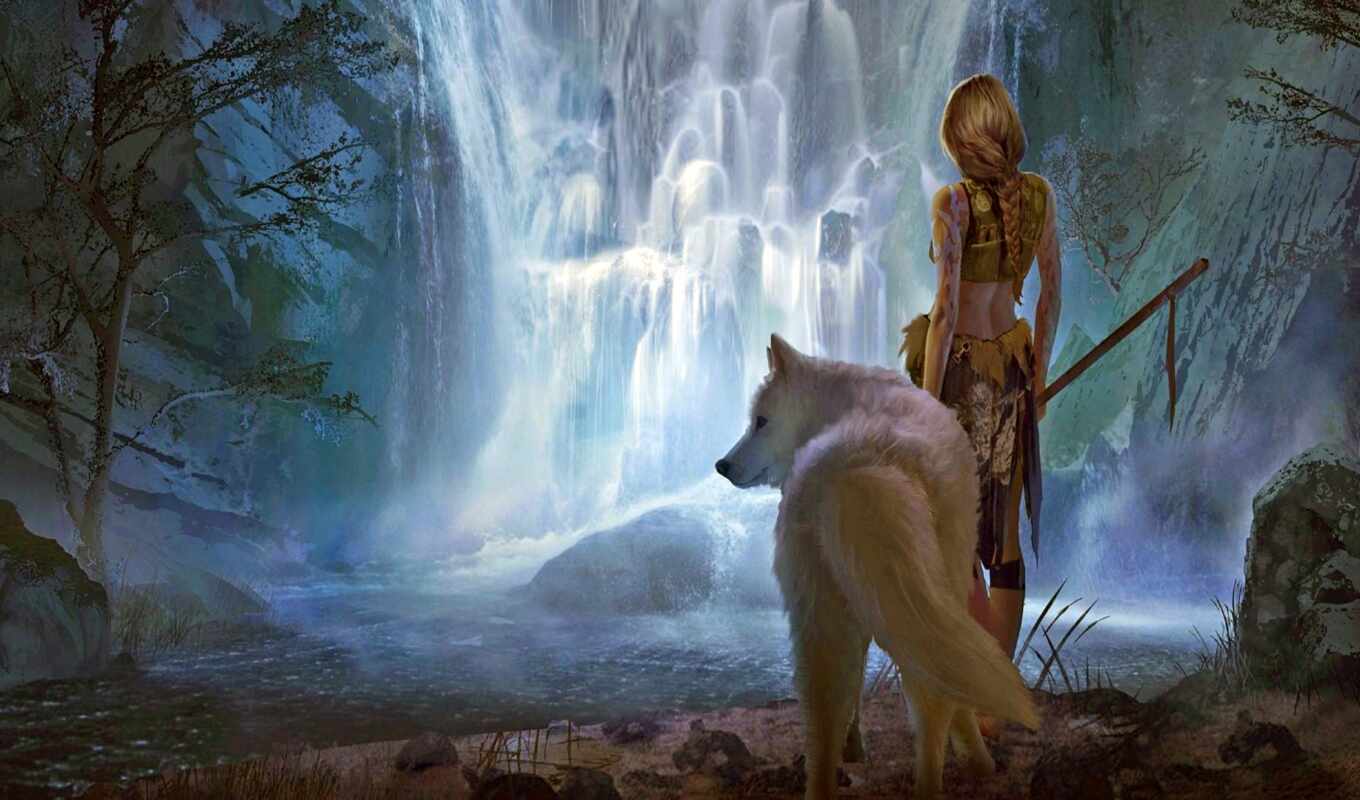 art, white, волк, fantasy, эльф