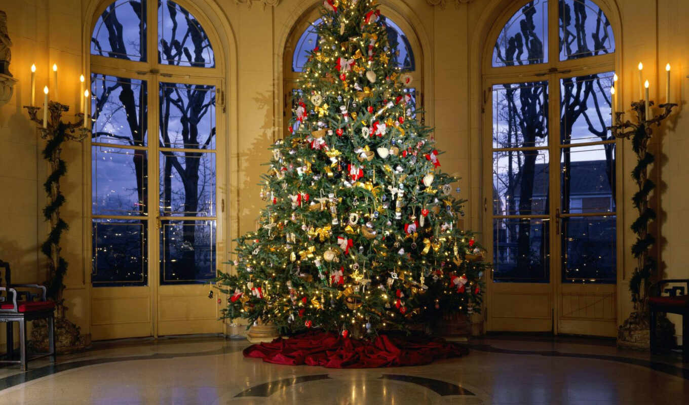 дерево, new, год, новогодняя, украшенная