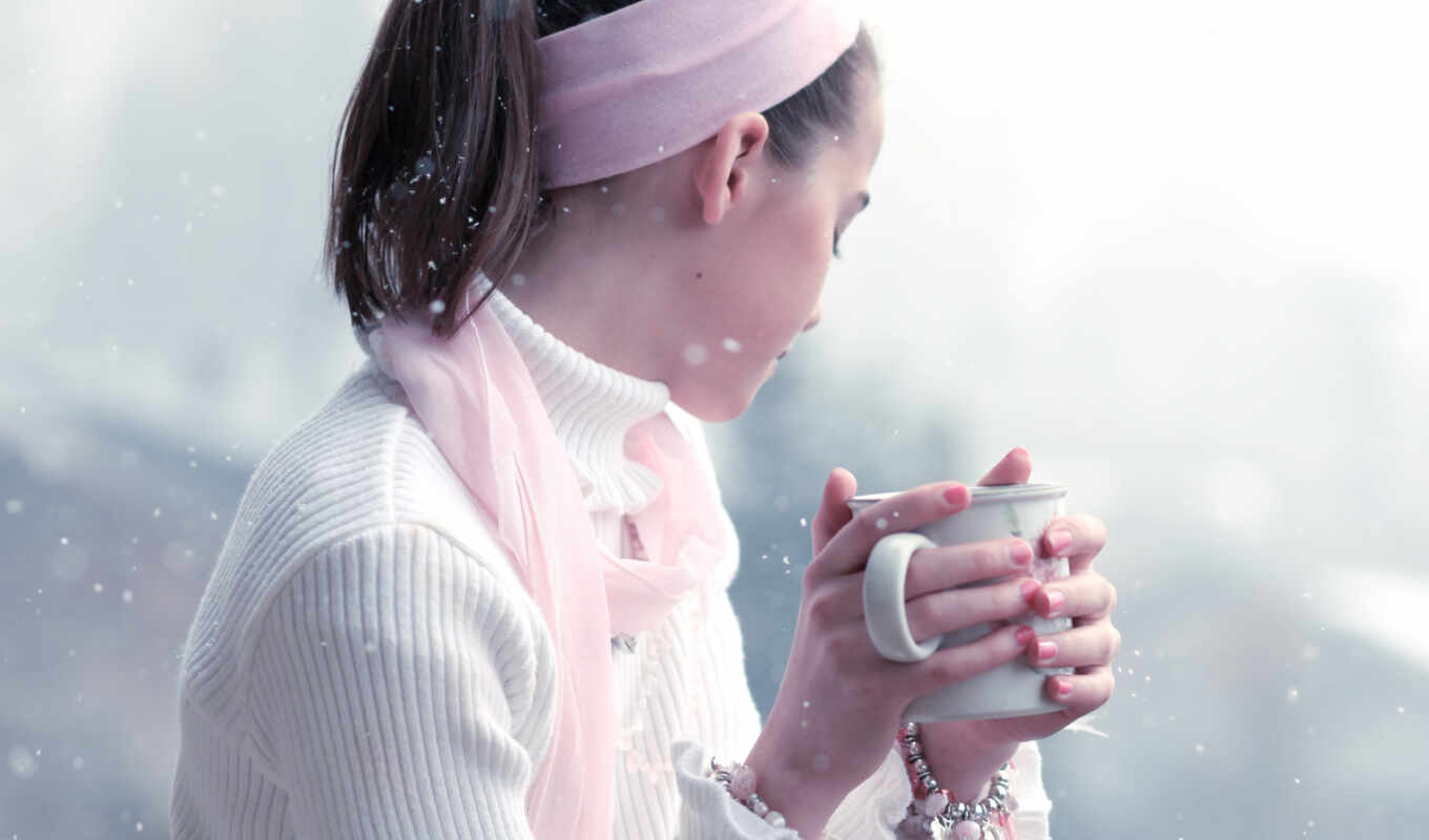 girl, coffee, snow, cup