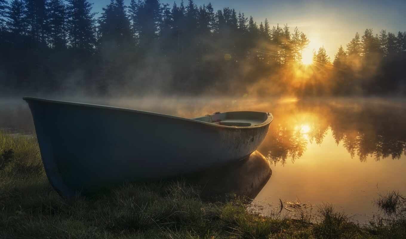 озеро, хороший, фон, фотограф, закат, корабль, лес, утро, туман, лодка