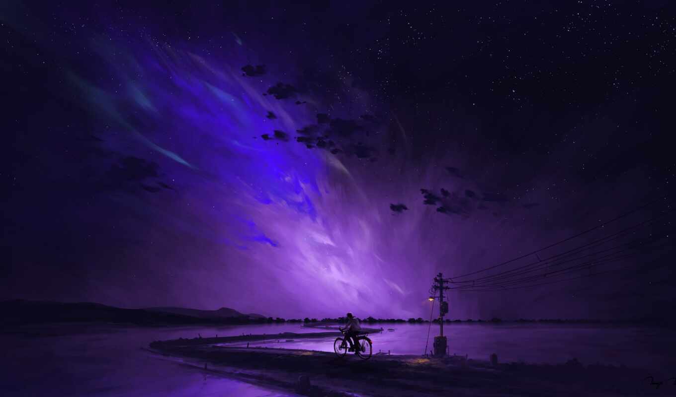 озеро, краска, digital, purple, ночь, landscape