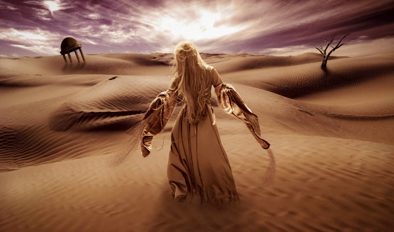 пустыня, mulher, picmix, estrelado, olhando