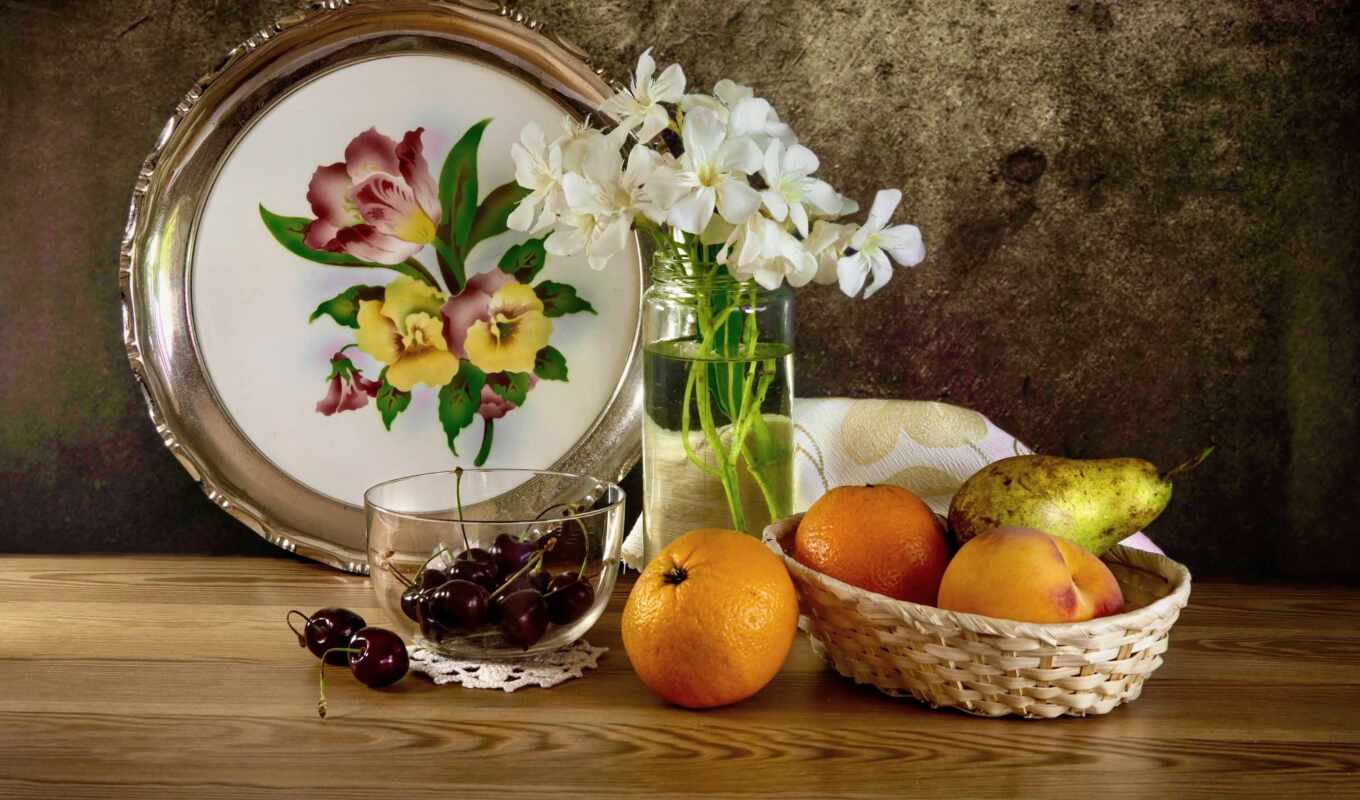 цветы, еда, стена, glass, cherry, столик, букет, meal, служить, augusta, moderation