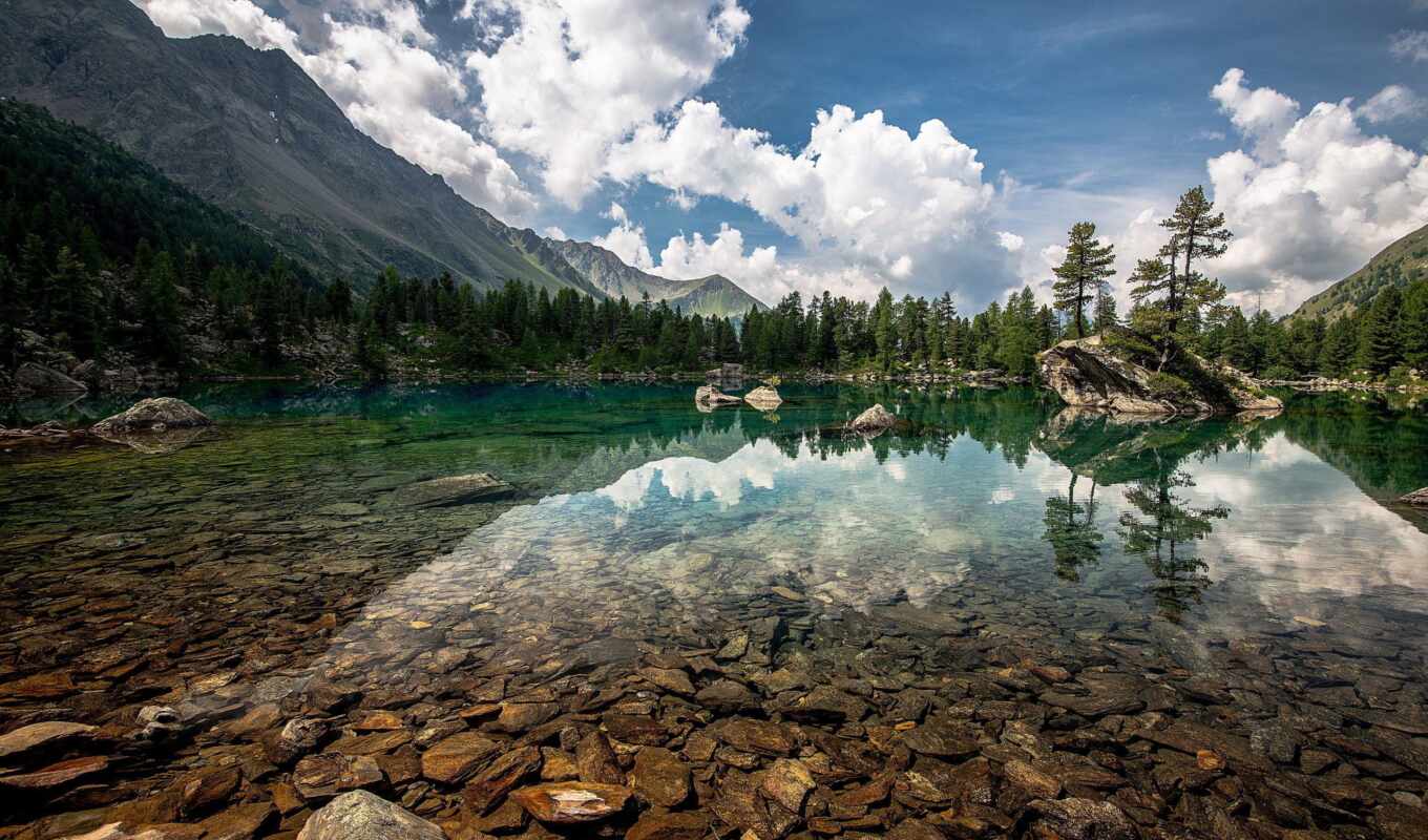 lake, nature, sky, water, forest, mountain, screen, fond, clean