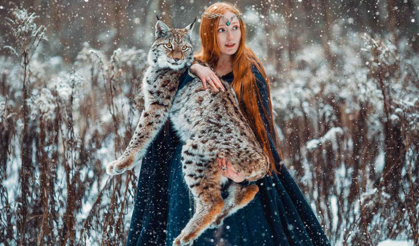 girl, woman, winter, gallery, fantasy, lynx, redhead, rare