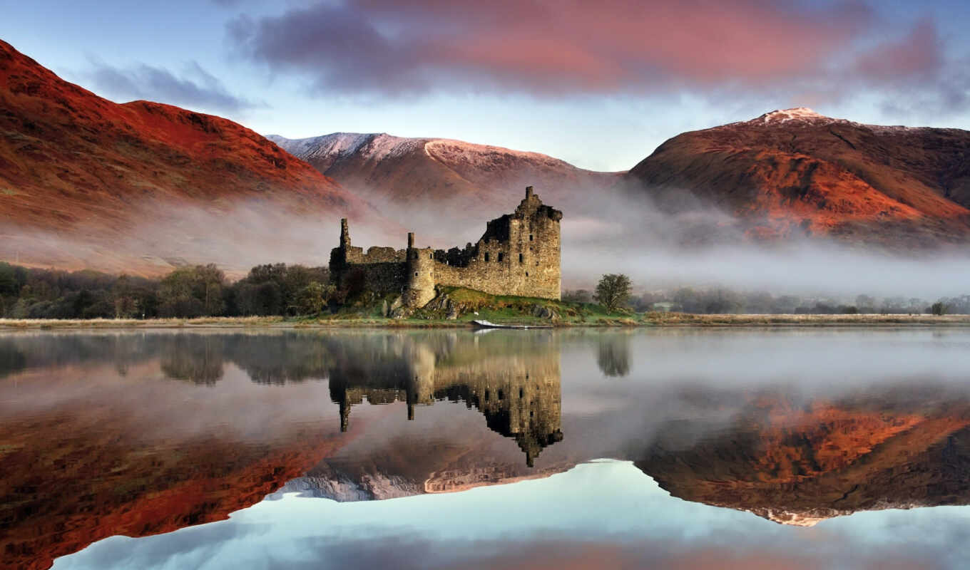 небо, landscape, castle, тема, ecran, fond, шотландия, разруха, lac, ecosse, руина
