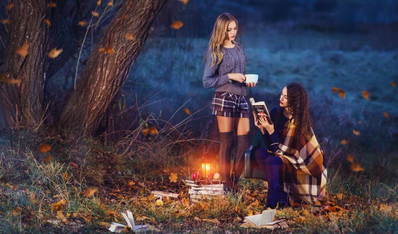 girl, book, night, autumn, leaf