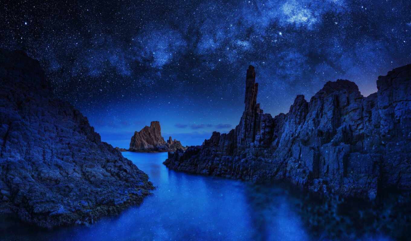 blue, iphone, ночь, море, ocean, звезды, скалы
