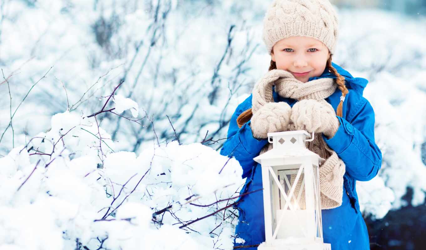 girl, snow, winter, a cap, kid, fur coat, lantern, gloves