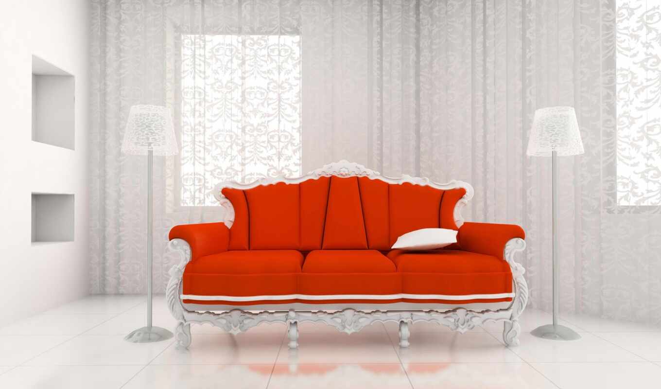 wall, white, room, red, design, red, sofa, interior, bright, royal, curtain