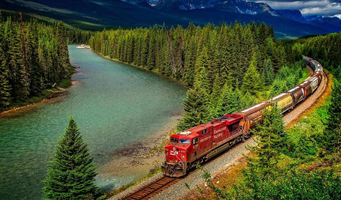лес, гора, дорога, поезд, landscape, планшетный, канада, река, iron