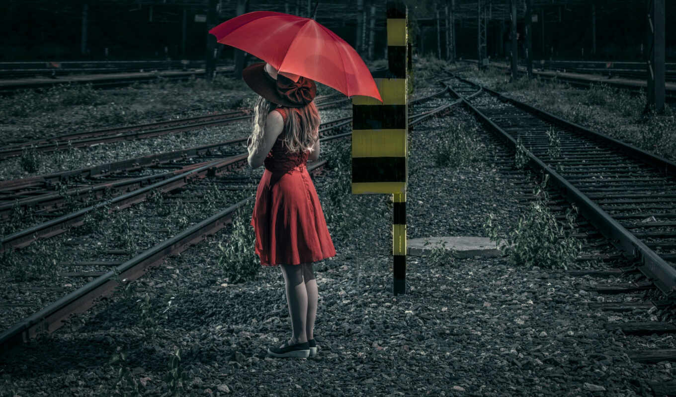 girl, eye, expensive, iron, umbrella, railroad