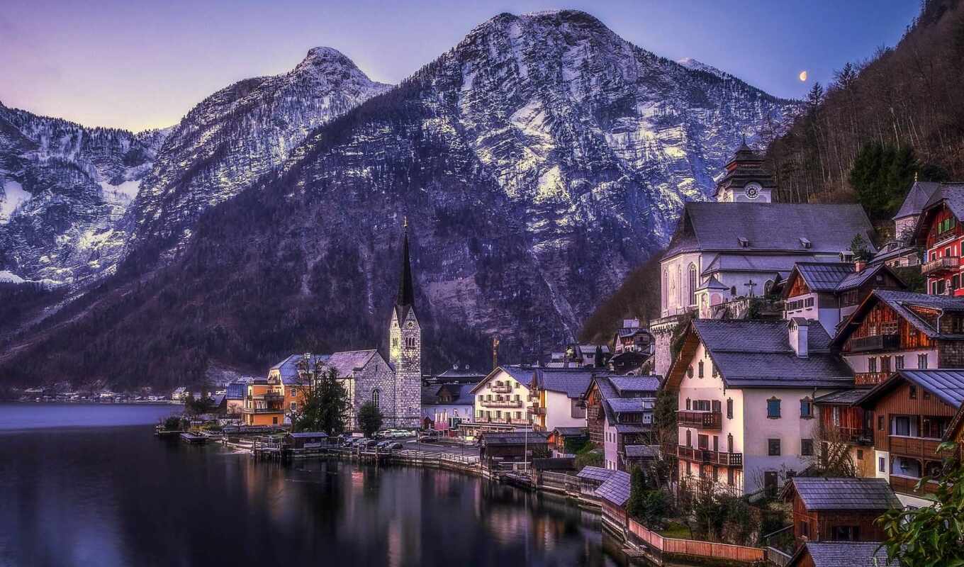 озеро, winter, гора, австрия, hallstatt