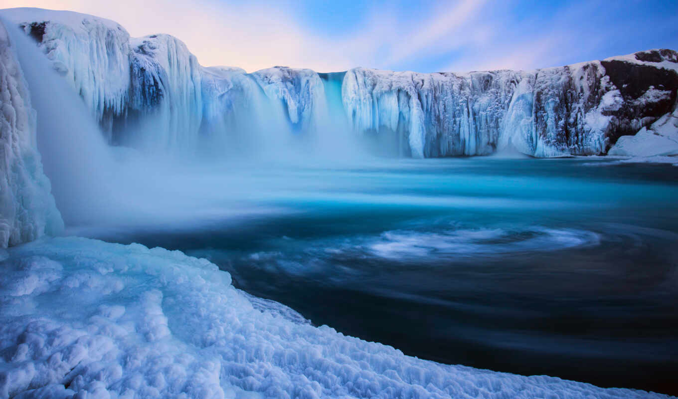 природа, картинку, картинка, лед, зима, водопад, исландия, godafoss