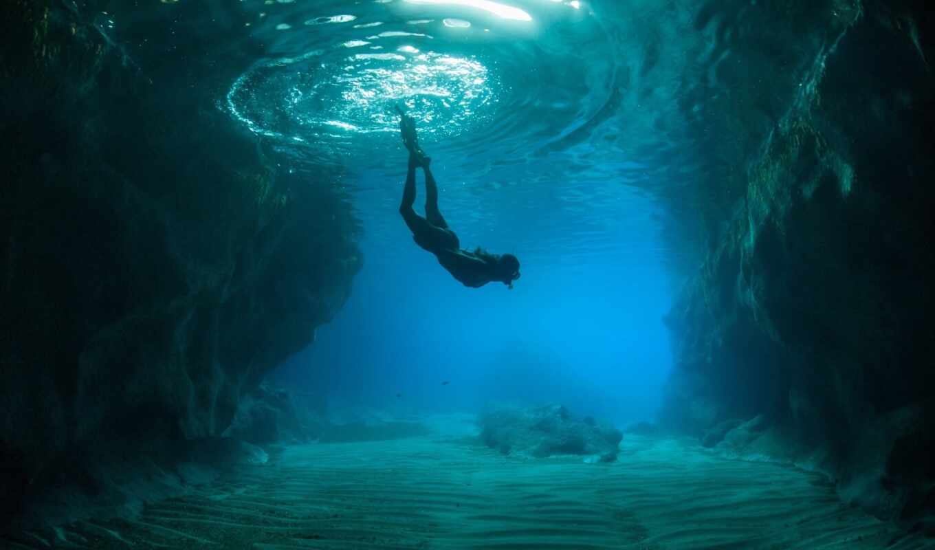 mir, океан, подводный, человек, скалы, дно