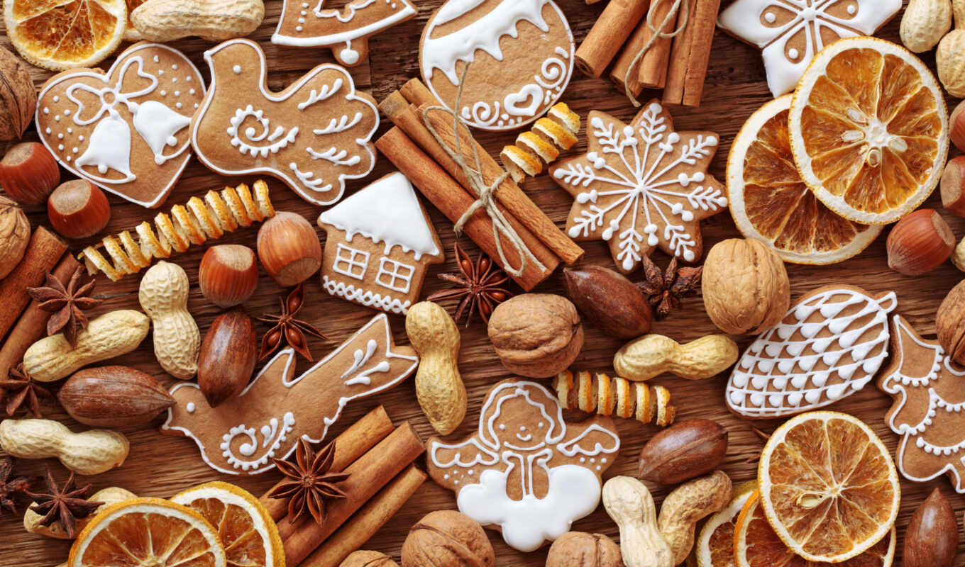 столе, близко, cookie, новогоднее, фигурки, орехи, палочки, корицы, выпечка