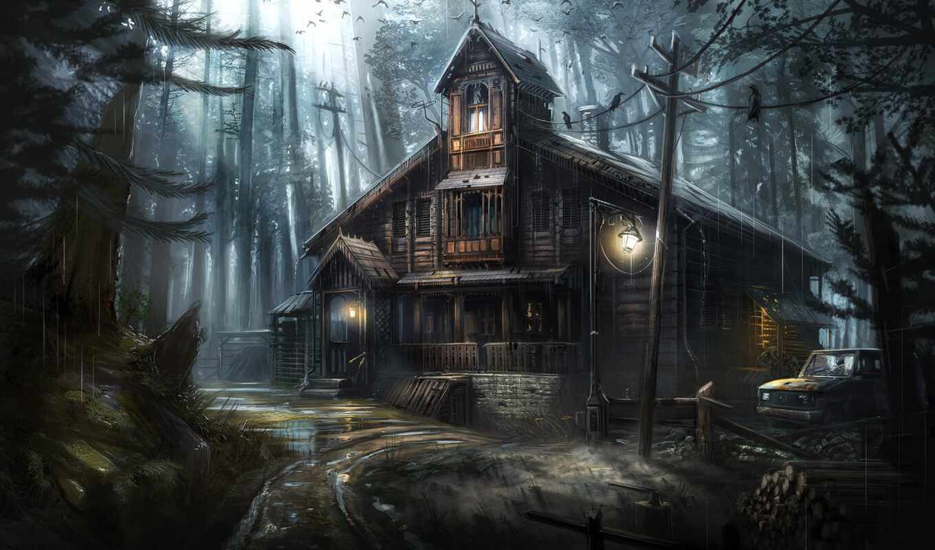 house, лес, lodge, сказочный, арт, fentezti