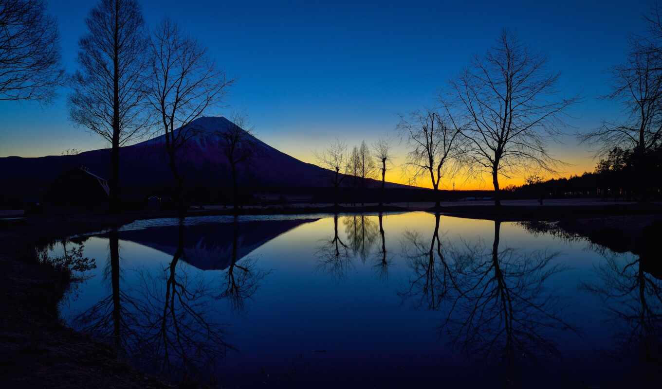 озеро, япония, mount, ночь